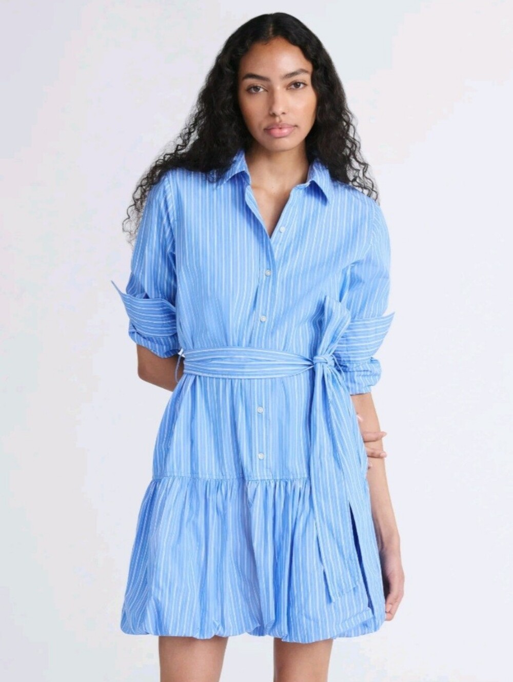 Light Blue Striped Tie-Waist Mini Shirt Dress